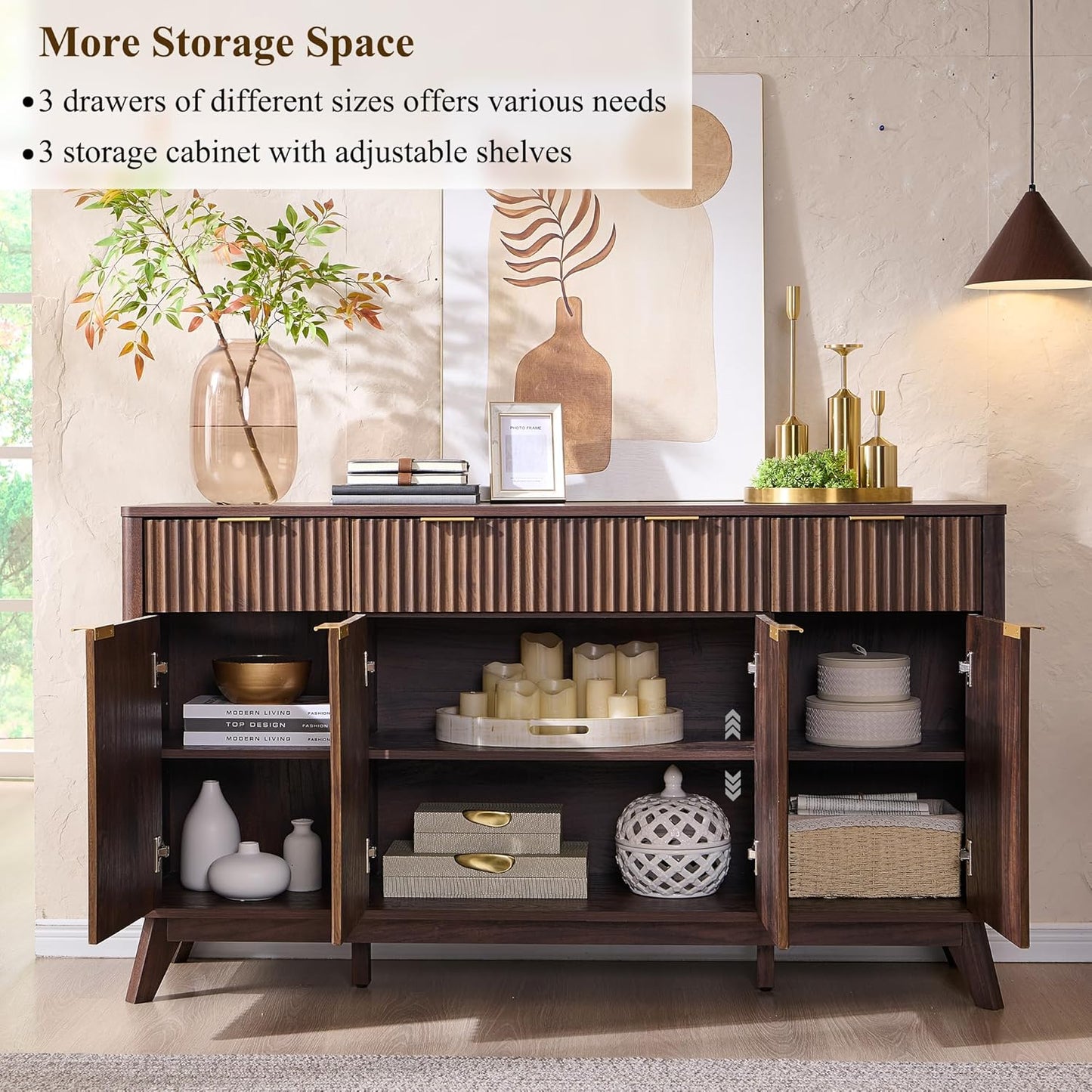 Fluted Buffet Sideboard Cabinet with Storages, 60" Large Modern Buffet Table Coffee Bar Wine Bar Storage Cabinet with 3 Drawers & 4 Doors for Dining Room, Living Room, Hallway(Dark Walnut)