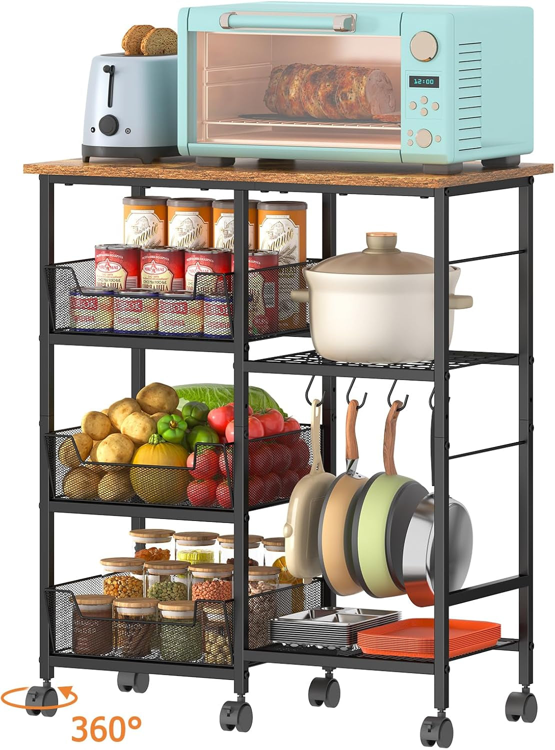 Rolling Kitchen Storage Microwave Cart, Kitchen Island with Adjustable Shelf on Lockable Wheels, Countertop 27.75"L × 15.35"W, Bakers Rack with Tilt-Out Baskets, for Kitchen, Coffee Bar, Living Room
