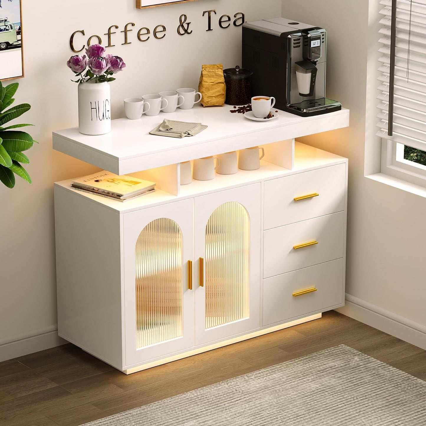 Sideboard Buffet Cabinet with Charging Station, Coffee Bar Table with RGB LED Light, Auto-Sensor Design, Bar Cabinet with Storage with 3 Drawers and 2 Doors for Kitchen, Dinning(White)