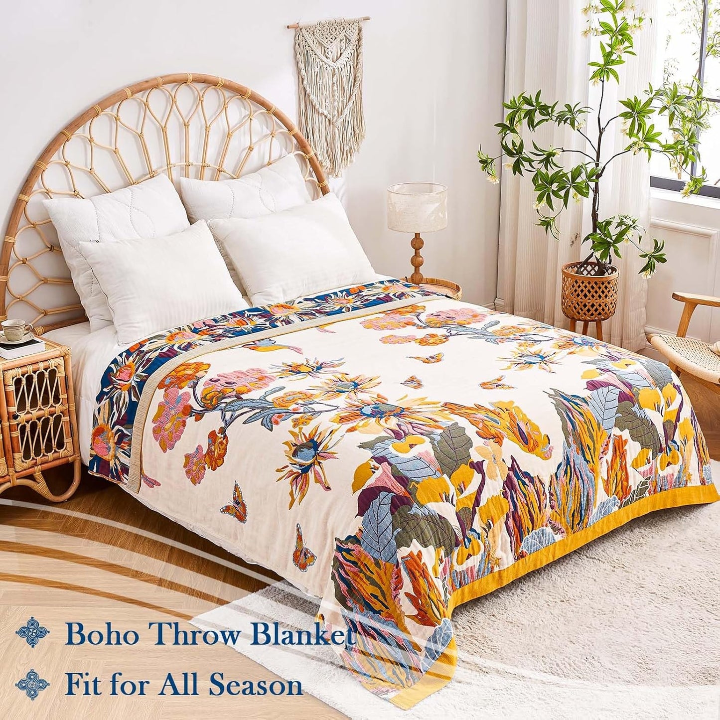 Boho Throw Blanket, 100% Cotton Ultra Soft Luxury Throw Rustic Quilt, 50"X60" Floral Bird Butterfly Farmhouse Decor Bed Blankets, All Season Rustic Reversible Bohemian Throw for Bed - Yellow