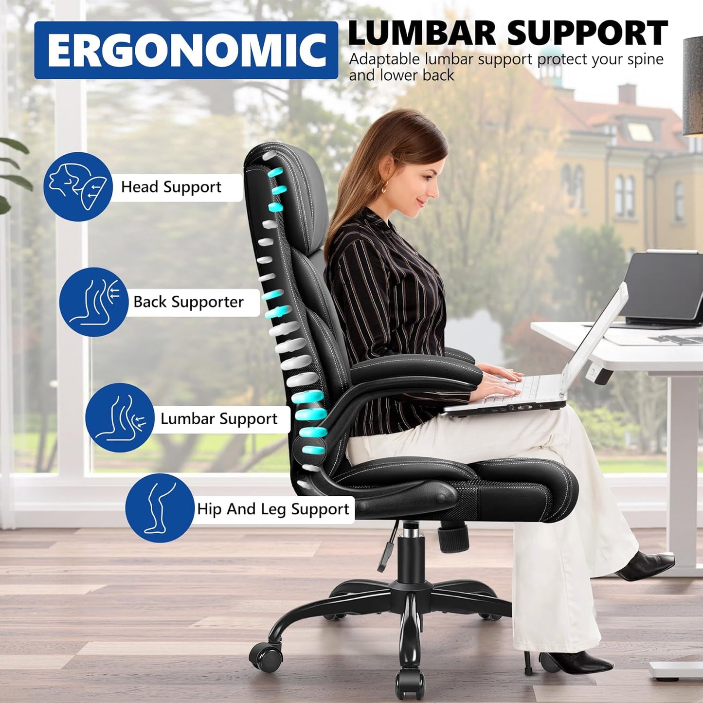 PU Leather Executive Office Chair, Ergonomic High-Back Computer & Gaming Chair with Adjustable Height, Rolling Swivel & Flip-Up Armrests, Comfy Padded Seat for Home Office-Black