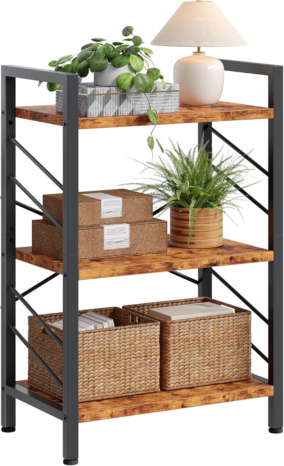 3 Tier Bookshelf, Industrial Bookcase with Metal Frame and Sidebars, Office Shelves for Small Spaces, Bedroom, Living Room, Rustic Brown