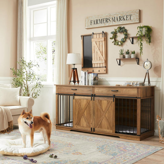 Extra Large Furniture Style Double Dog Crates, 72.5" Farmhouse Wooden Dog Kennel Furniture with Drawers, Divider, Water Resistant & Barn Door for 2 Dogs, Rustic Oak