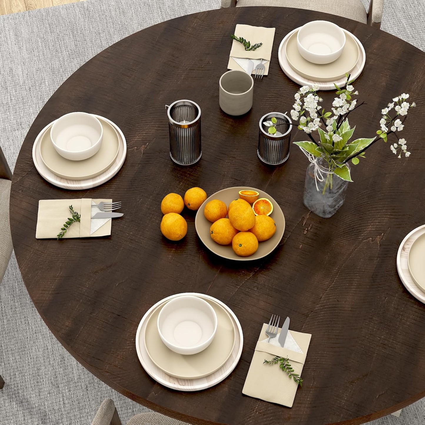 Round Wood Dining Table for Kitchen,Dining Room,Living Room,Farmhouse Dinner Tables W/Thickened Brown Waterproof Tabletop for 4 People,47 Inch Rustic Kitchen Table W/Metal Support