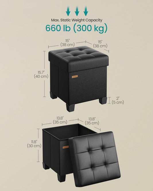 Storage Ottoman, Cube Ottoman with Legs, 15 X 15 X 15.7 Inches, Footstool, Footrest, 10 Gal. (37 L), Synthetic Leather, for Bedroom, Living Room, Dorm, Ink Black ULSF0512B02