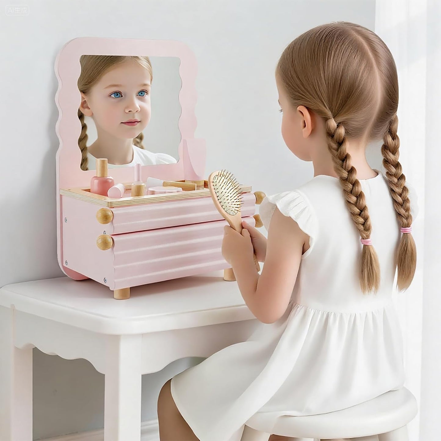 Wooden Kids Vanity Set with Acrylic Display Case, Pretend Play Toddler Makeup Vanity for Girls, Beauty Salon Set with Makeup Accessories, Little Girls Gift Age 3+ (Pink)