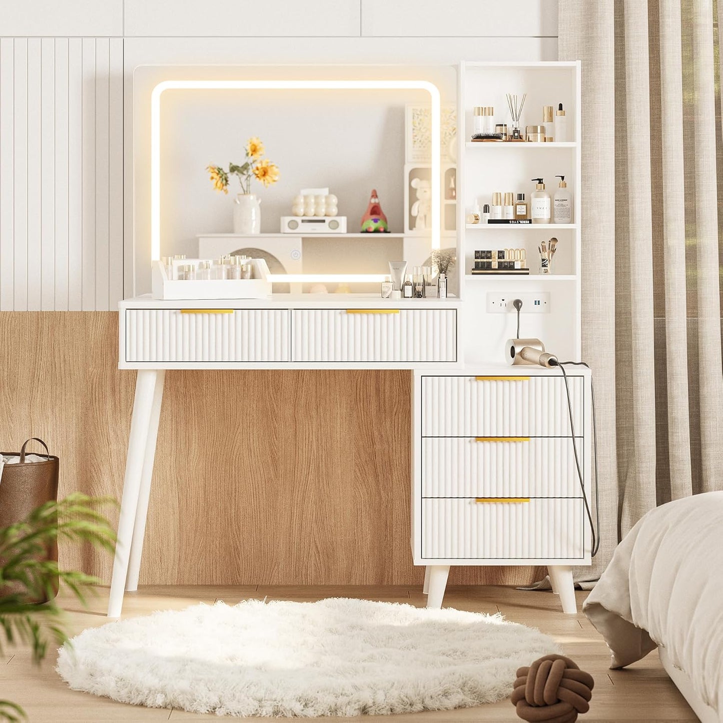 Vanity Desk with Mirror and Lights, Makeup Vanity Desk with Power Outlet, Makeup Desk with 5 Drawers&Storage Shelves, Vanity Table 3 Color Modes Adjustable Brightness Dressing Table Set for Bedroom