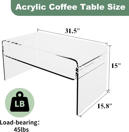 Acrylic Coffee Table, 31.5" Clear Coffee Table with Storage Shelf, Rectangle Centre Table, Modern Coffee Table for Living Room, Office,31.5" L X 15.8" W X 15" H
