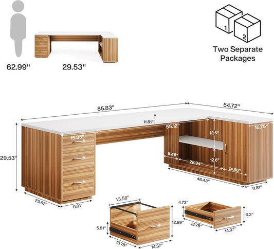 85.8-Inch L-Shaped Executive Desk with File Drawers, Door Cabinet & Shelves, Extra Large Commercial Office Desk, Modern Professional Office Table, White & Brown Business Furniture