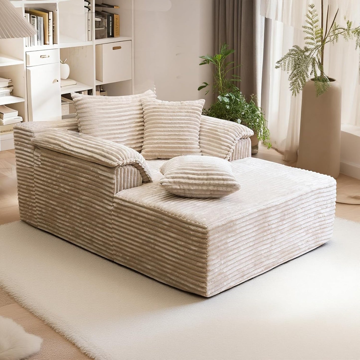 Oversized Chaise Lounge Chair Indoor, Upholstered Single 61'' Rolled Arm Boneless Cloud Sofa Bed Sleeper Couch, No Assembly Faux Rabbit Fur Memory Foam Reading Chair for Living Room Bedroom Beige