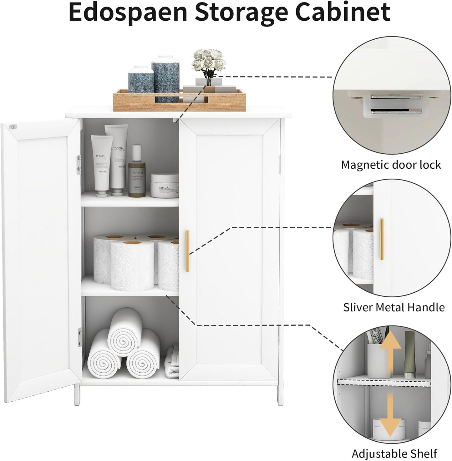 Bathroom Storage Floor Cabinet Freestanding Organizer with Adjustable Shelves for Bathroom Bedroom Laundry Room,4 Doors