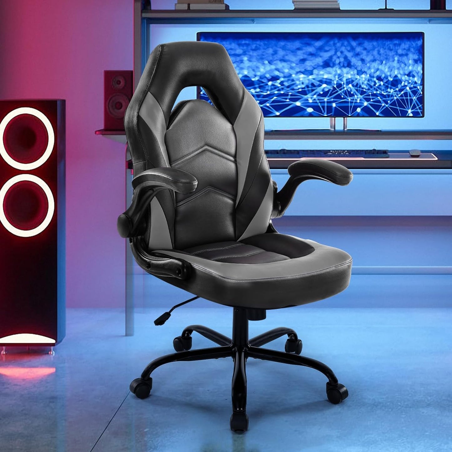 Computer Game Desk Chair - Ergonomic PU Leather Lumbar Support, Height Adjustable High Back Video Game with Flip-Up Armrest, Rolling Swivel for Adults, Deep Grey