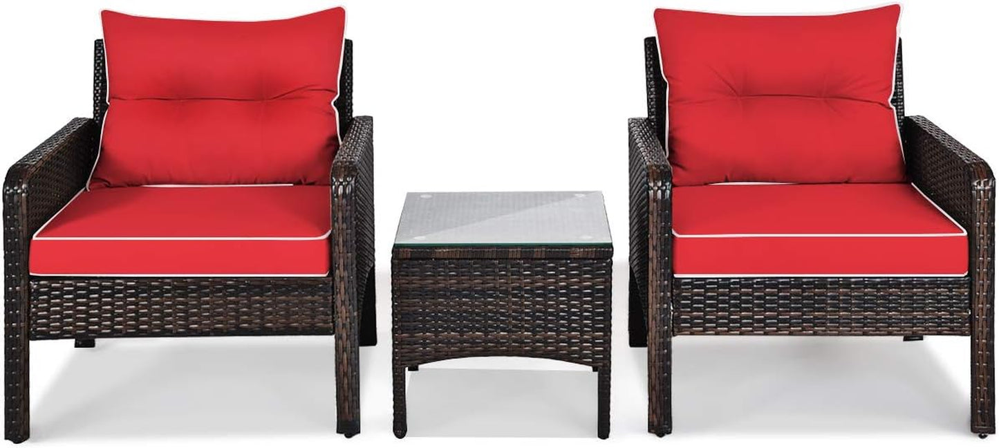 3 Piece Outdoor Patio Furniture Set, Wicker Chairs Set with Glass Top Coffee Table, Thick Cushions, All Weather Garden Lawn Poolside Backyard Porch Furniture Set for 2 (Red)