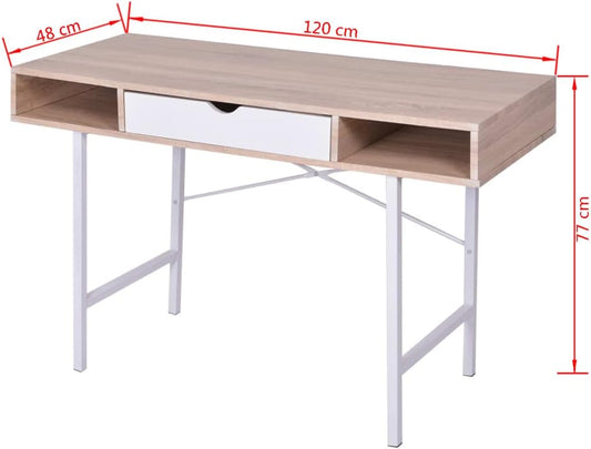 Modern Computer Desk, Oak and White MDF, Metal Frame, 47.2" Rectangular Study Table for Home Office, Dorm Room, Writing