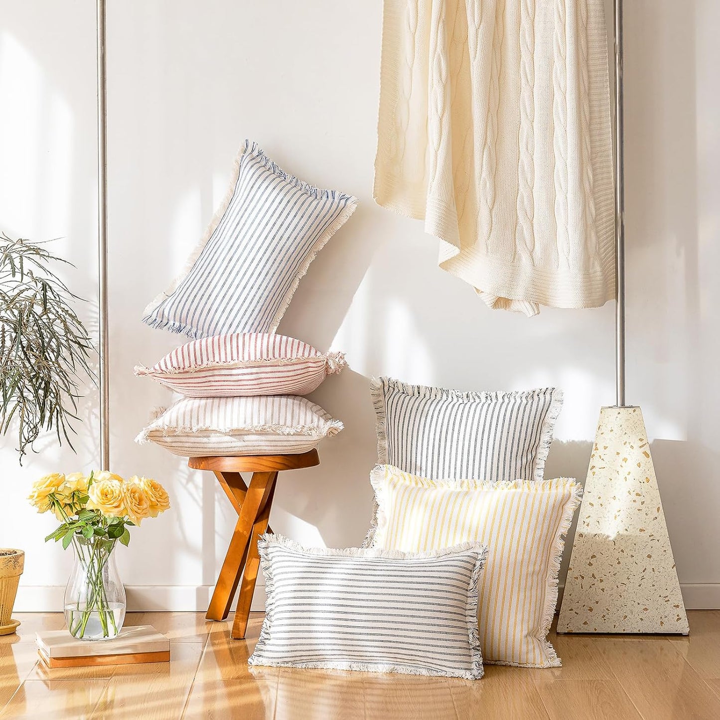 Throw Pillow Covers 20X20 Set of 2 Striped Fringe Pillow Cover Farmhouse Cushion Covers with Tassel Neutral Boho Pillows Decorative Square Pillowcase for Couch Sofa Bed, Khaki