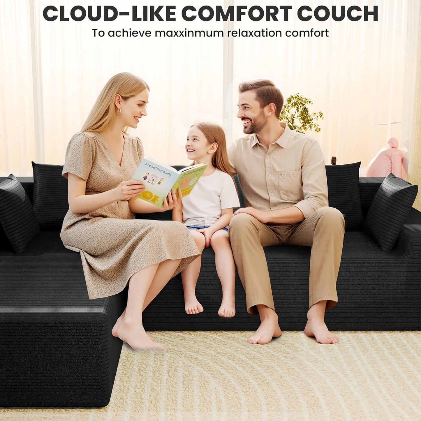 106" Cloud Sectional Couch with Deep Seat,Modern Modular Sofa with L-Shape Chaise,No Assembly Required, Upholstered Couches for Living Room Bedroom(Black,Left Facing Chaise)