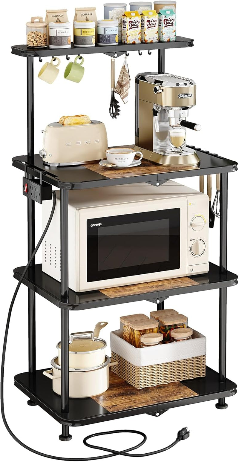 Kitchen Bakers Rack with Power Outlet - Easy & Tool-Free Assembly, Adjustable Coffee Bar Station 4 Tiers, Microwave Stand with 12 Hooks, Brown