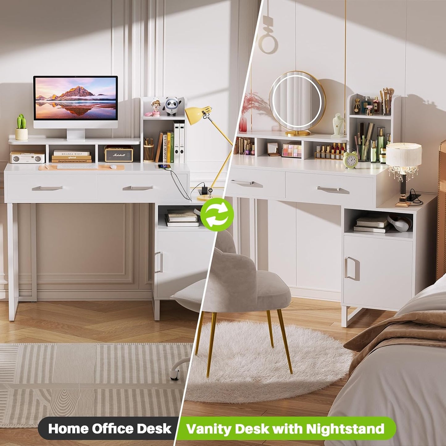 Vanity Desk, Small Vanity Desk with Power Outlet, Makeup Desk with Drawers and Cabinets, Vanity Set with Storage Shelves for Bedroom, No Mirror, White