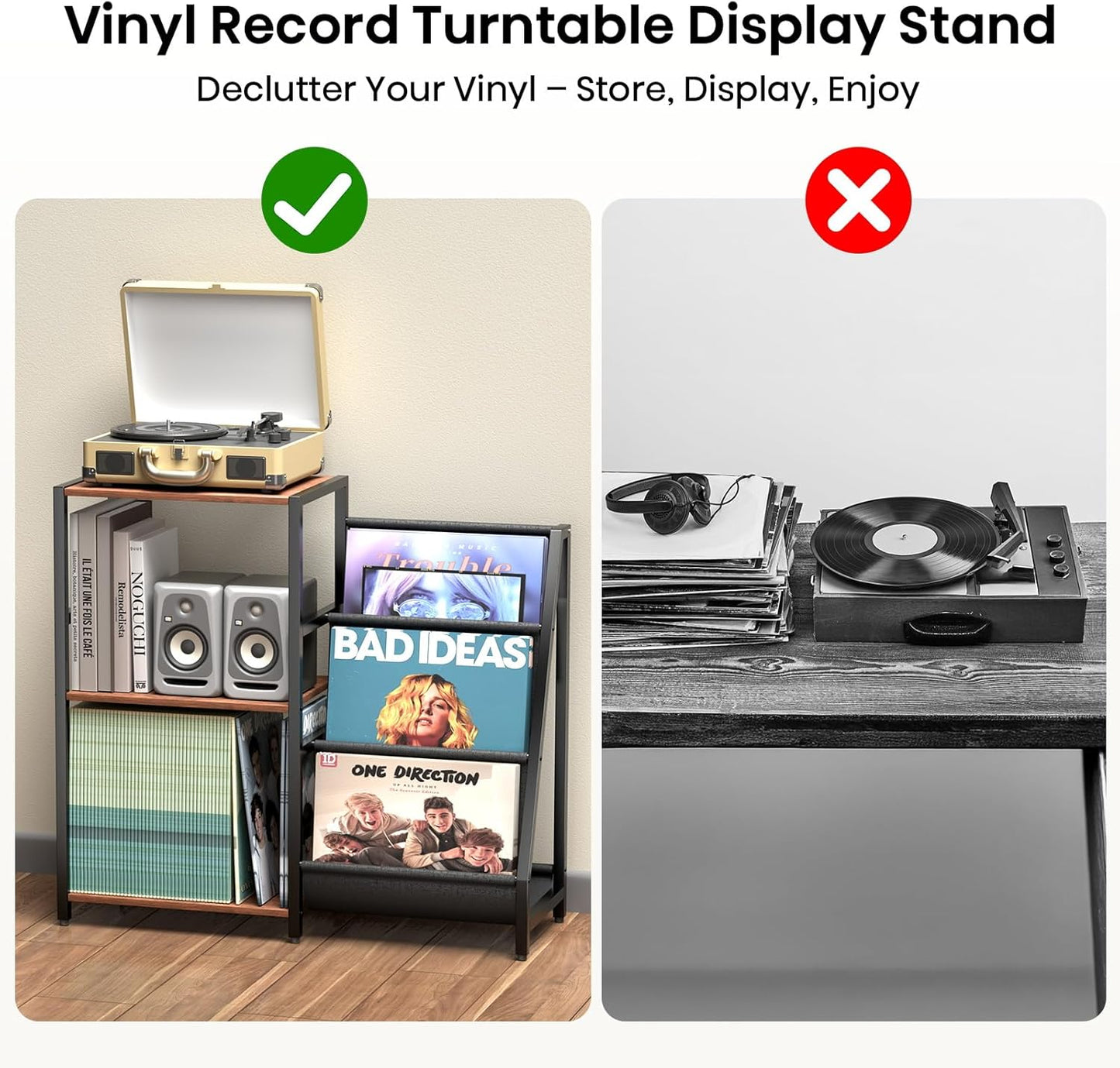Record Player Stand, Turntable Stand with Vinyl Storage, Record Player Table Storage up to 200+ Albums, Record Player Cabinet with 3-Tier Vinyl Display, Audio Media Living Room Table