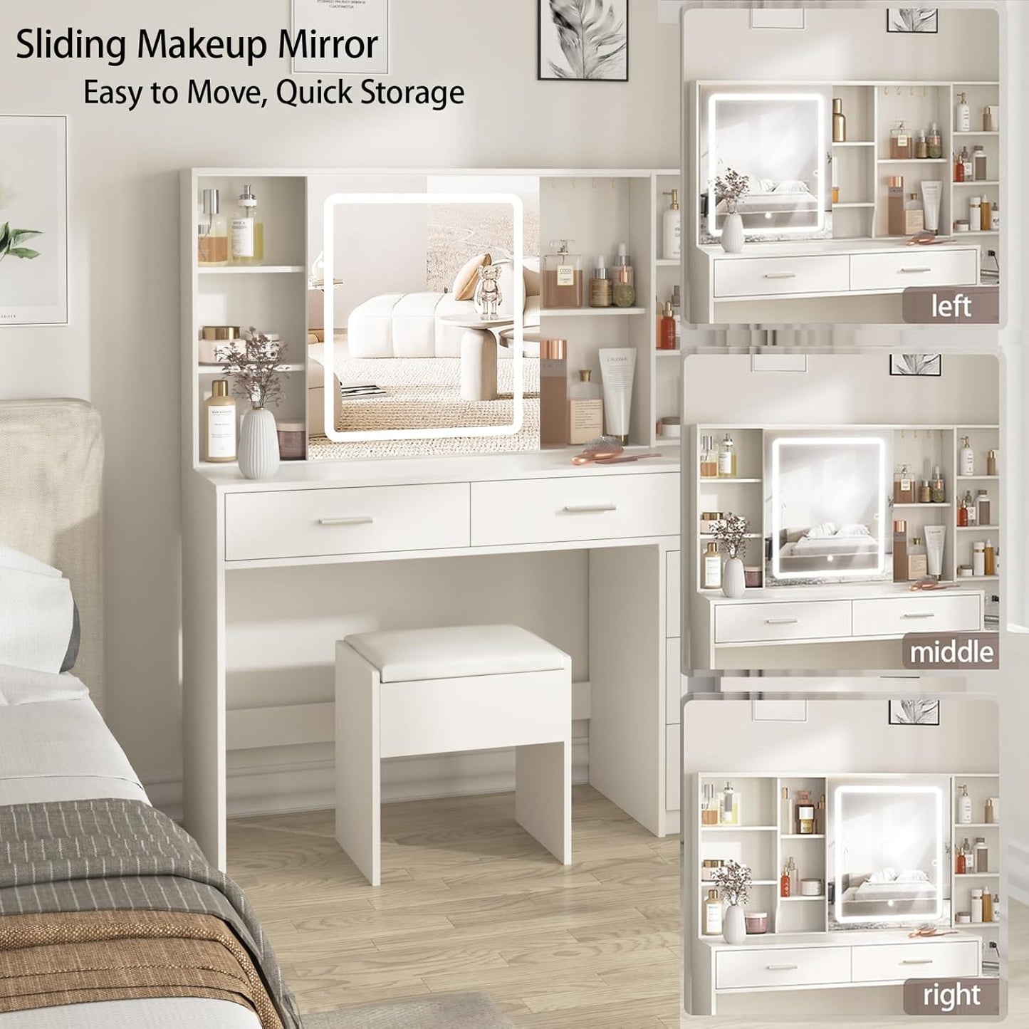 Vanity Desk with Mirror and Lights, Makeup Vanity with 5 Drawers, Makeup Desk with Charging Station and Ample Storage, Dressing Table with Chair for Bedroom Room (White)
