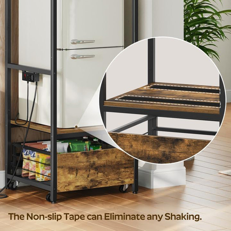 Mini Fridge Stand with Movable Drawer, Microwave Stand with Power Outlet, Mini Fridge Shelf with Adjustable Shelves, Kitchen Bakers Rack for Dorm, Dining Room, Home, Rustic Brown HB05UBR