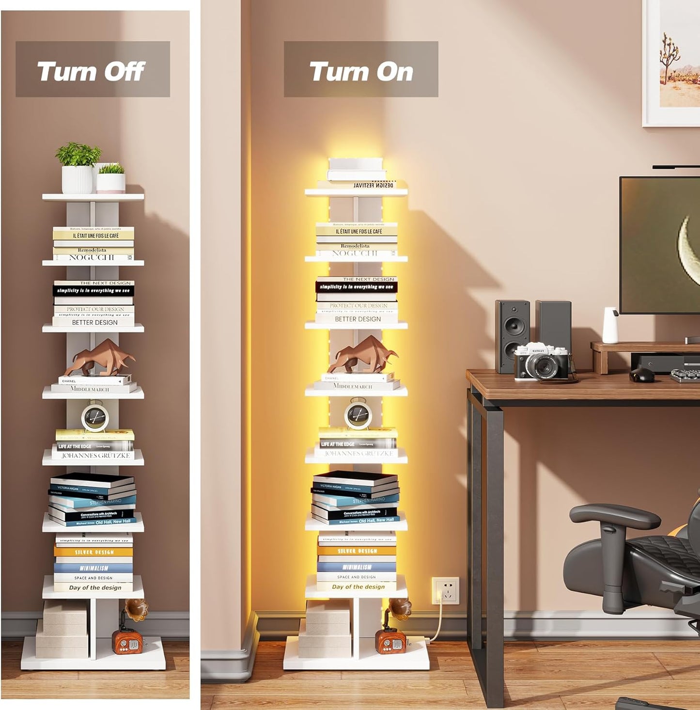 Narrow Bookshelf, 8-Tier Bookcase with LED Lights, Spine Book Shelf for Small Space, Corner Standing Shelf for Living Room, Office, Study, Entryway, White BS06BW008L