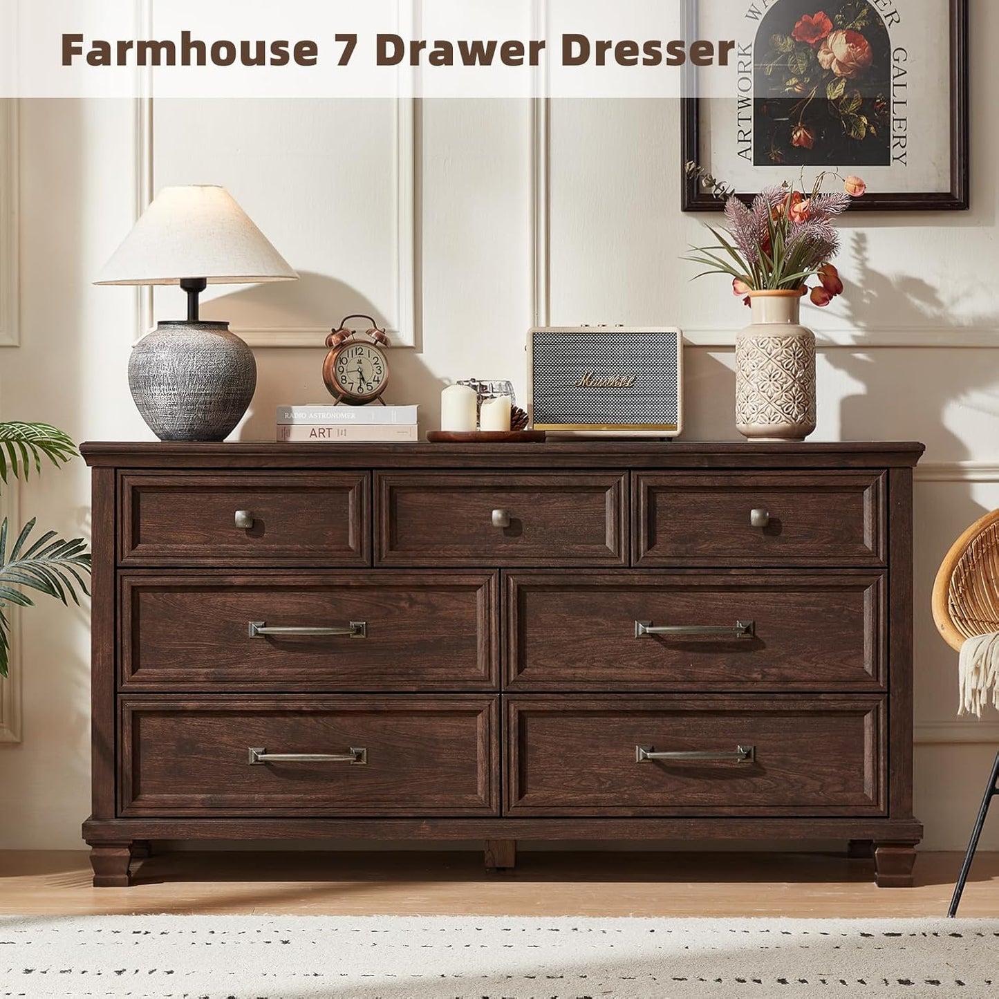 Farmhouse Dresser and Nightstand Sets 4 Piece, 5/7 Drawer Dresser & 2 Drawer Nightstand Set, Rustic Wood Bedroom Furniture Set for Home, Bedroom, Hallway, Walnut