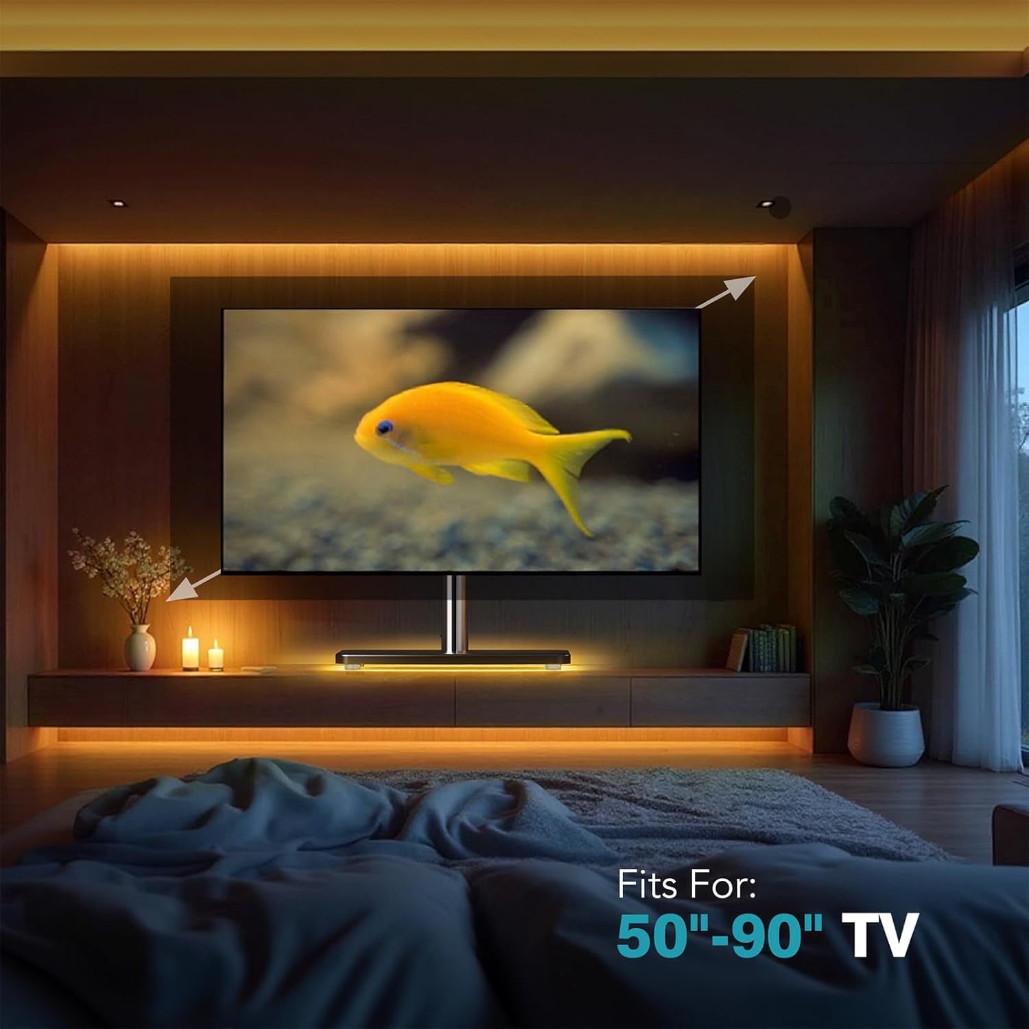 Universal TV Stand Tabletop TV Mount with Power Outlet for 50-90 Inch OLED LED Monitors, 9 Levels Height Adjustment, Ambient Lighting on the Bottom Holds up to 150Lbs, Black 600X400Mm