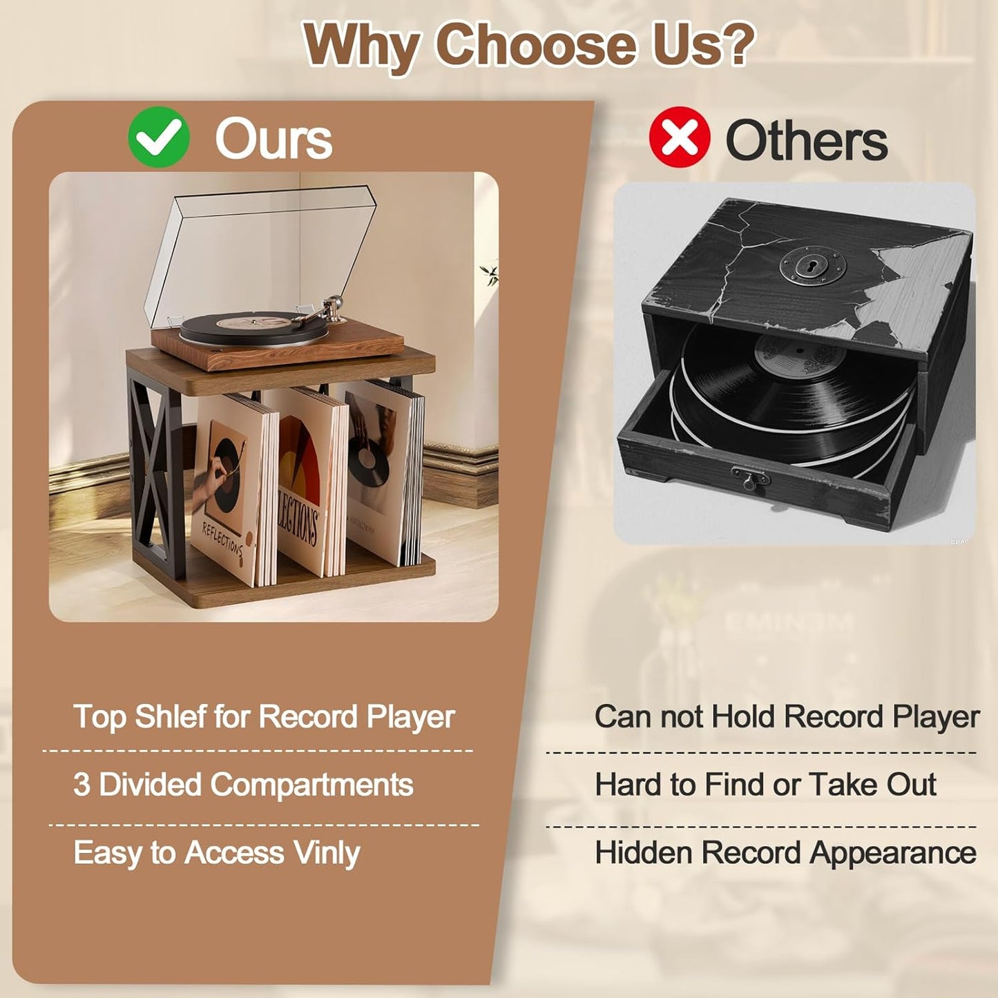 Vinyl Records Storage,80-100Lps Record Holder,Stackable Vinyl Holder,2-Tier Record Player Stand,Wood Records Player Table,Turntable Stand for Magazine, Book, Files, Albums