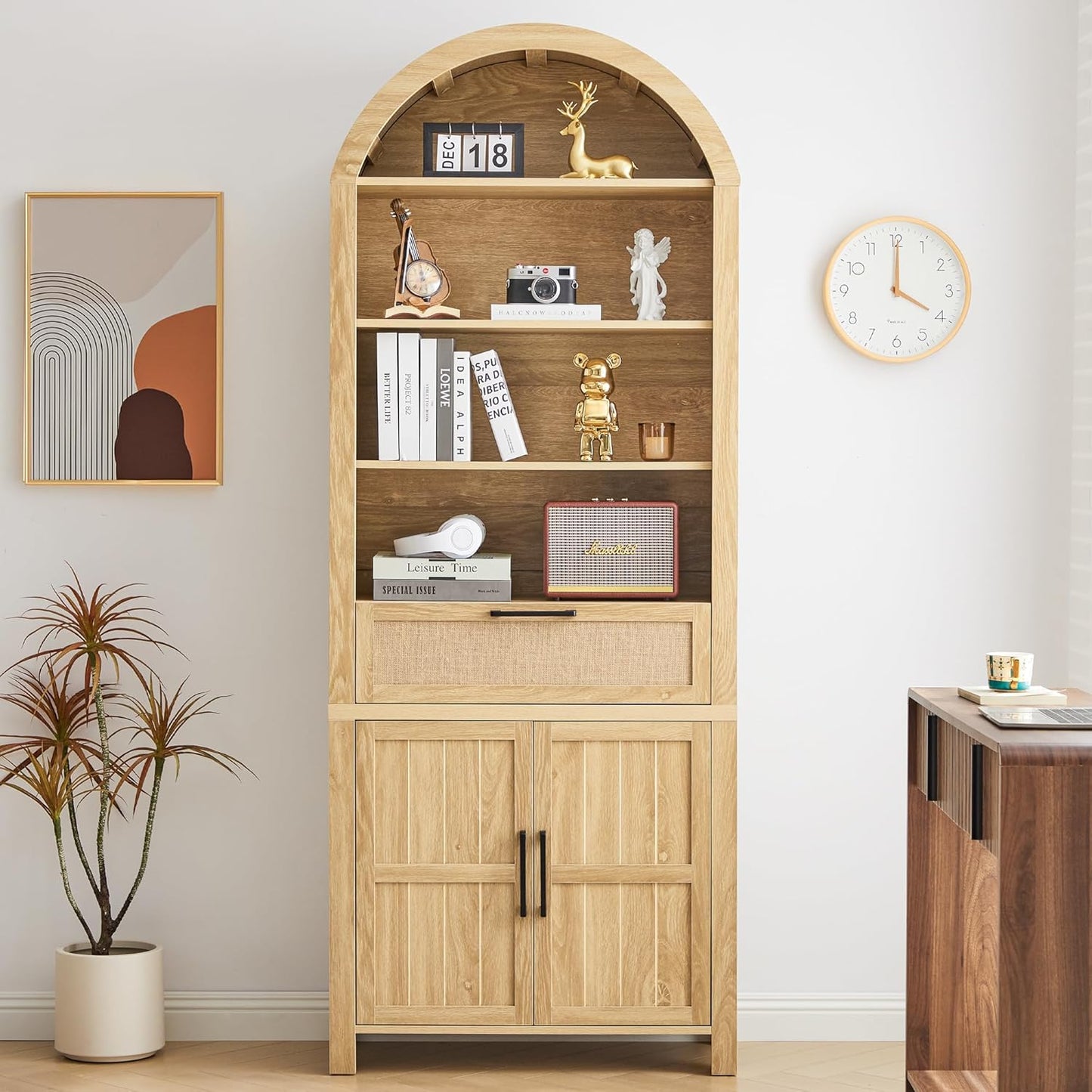81" Tall Arched Bookcase, Arch Bookshelf with Doors Storage and Drawer, Modern Farmhouse Book Shelf with Adjustable Shelves, Wood Bookshelf W/Open Display for Living Room, Office Decor (Natural)