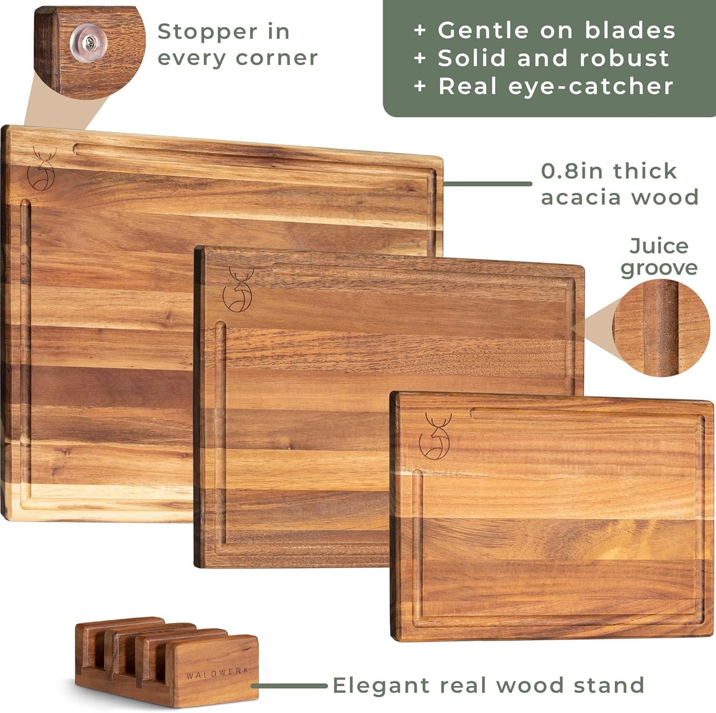Cutting Board Set (15.75 X 12/13 X 9.5/10 X 7 In) Out of Solid Acacia Wood - 0,8 in Thick Cutting Boards for Kitchen - Wood Cutting Boards - Wooden Chopping Boards for Kitchen