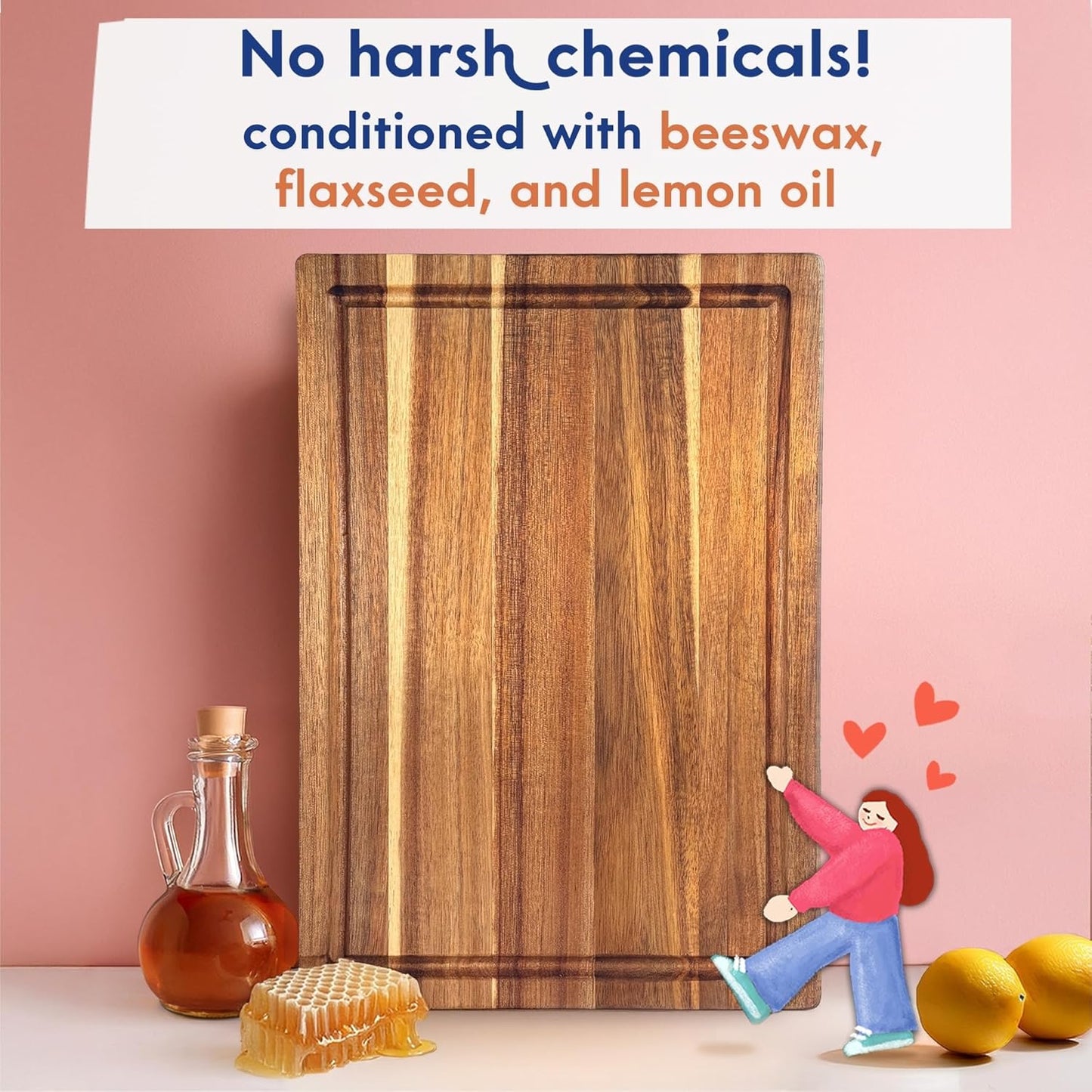 Non Toxic Wood Cutting Board - Conditioned with Natural Beeswax Flaxseed & Lemon Oil - Free of Mineral Oil - Made of FSC Certified Acacia Wood - 16" X 11" Thick Cutting Board by