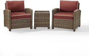 Weathered brown wicker three piece seating set with sangria cushions, view 2