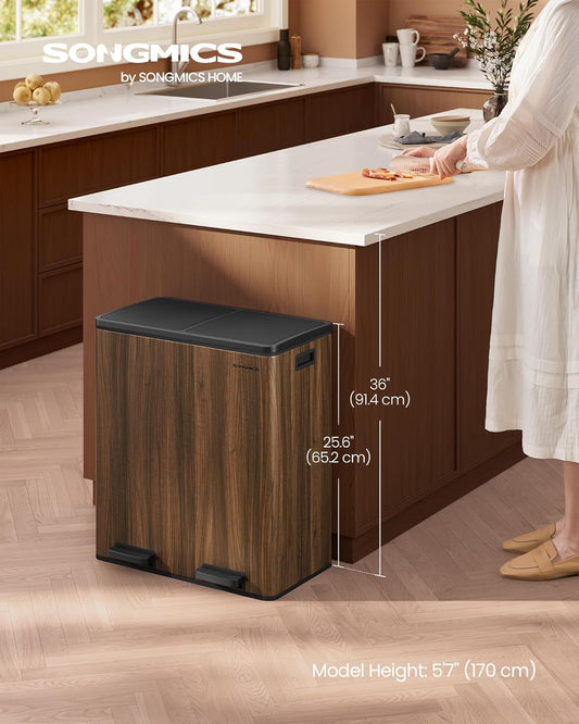 Trash Can, 2 X 8-Gallon Garbage Can for Kitchen, with 15 Trash Bags, 2 Compartments, Plastic Inner Buckets and Hinged Lids, Airtight, Dark Walnut ULTB060N02V1