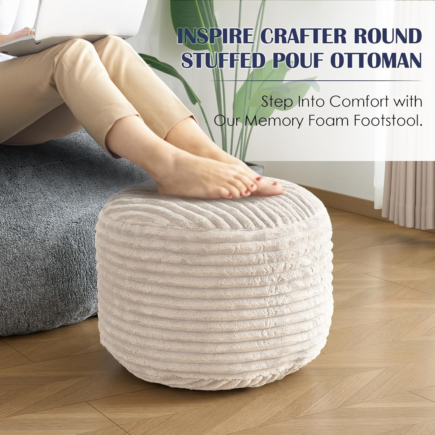 Round Pouf Ottoman,Corduroy Poufs with Memory Foam Filling for Foot Rest,Soft Footstool for Living Room,Office,20"X 17",Beige