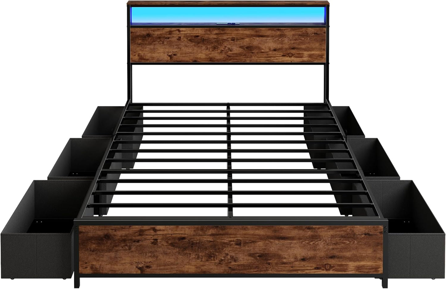 Queen Bed Frame with Headboard & 6 Drawers, Metal Platform Bed Frame Queen Size with Charging Station,Led Lights,2 Tier Shelf Storage Bedframe-No Box Spring Needed,Noise Free,Rustic Brown