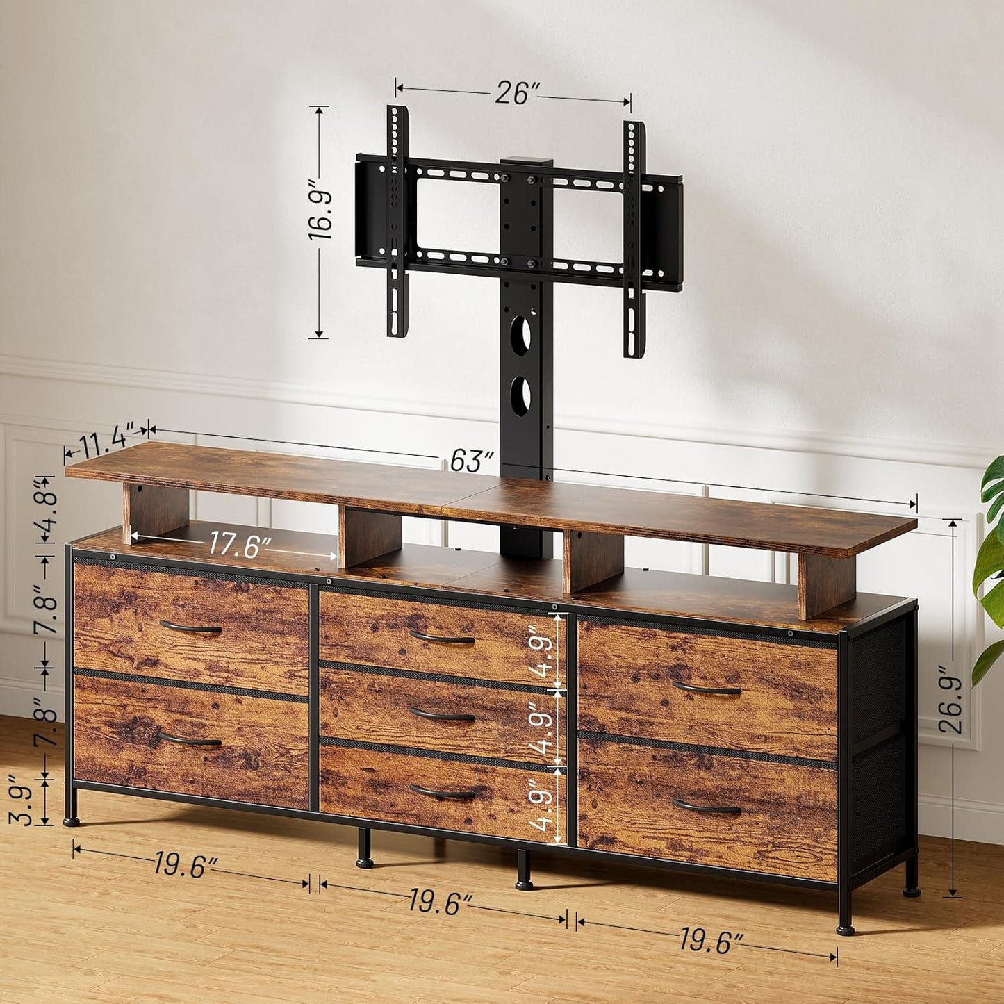 TV Stand with Mount, 63" Entertainment Center for 32/45/55/60/65/70 Inch Tvs, Media Console Table with 7 Drawers, Height Adjustable Mount, Dresser TV Stand for Living Room, Rustic Brown