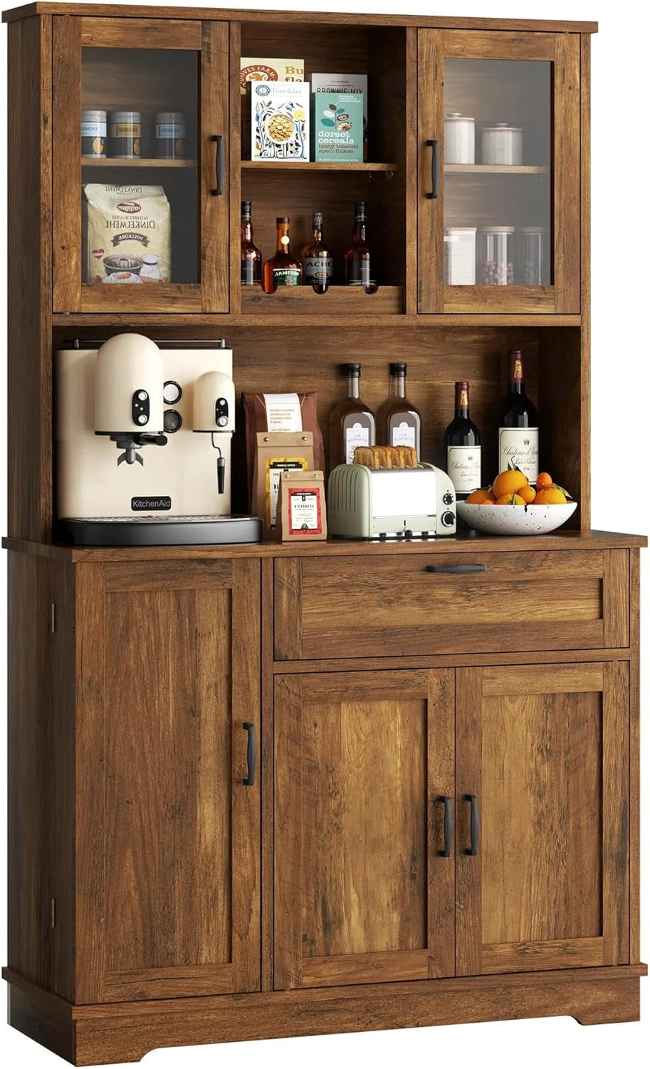 Tall Kitchen Pantry Storage Cabinet, Modern Pantry Cabinet with Hutch and Microwave Stand, Modern Kitchen Coffee Bar Hutch with Shelves for Dining Room, Brown