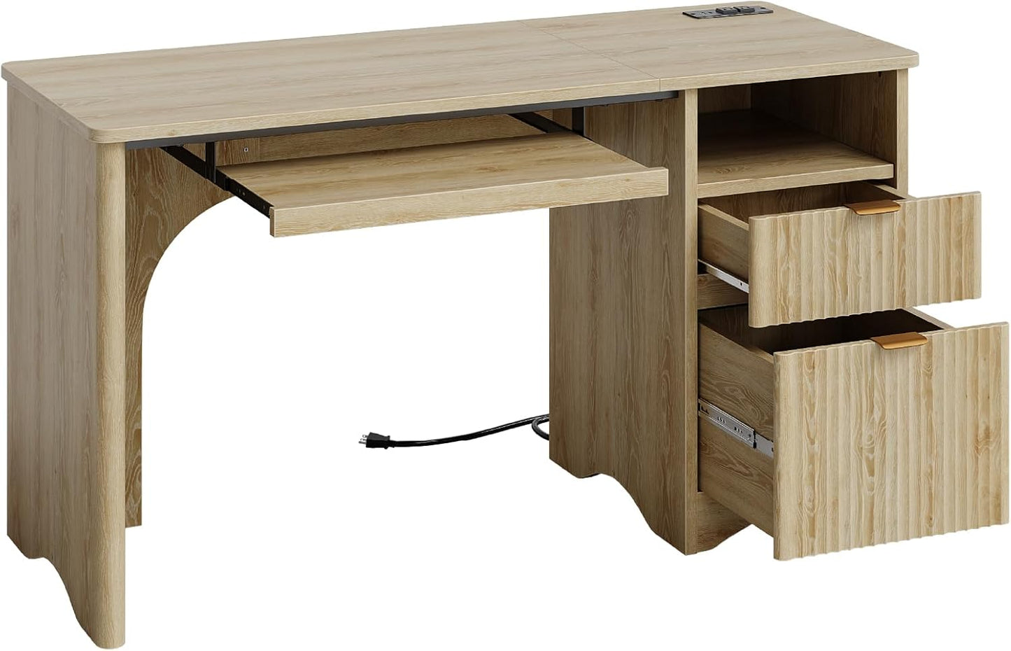 Natural oak computer desk with drawers, power outlet and keyboard tray, view 9