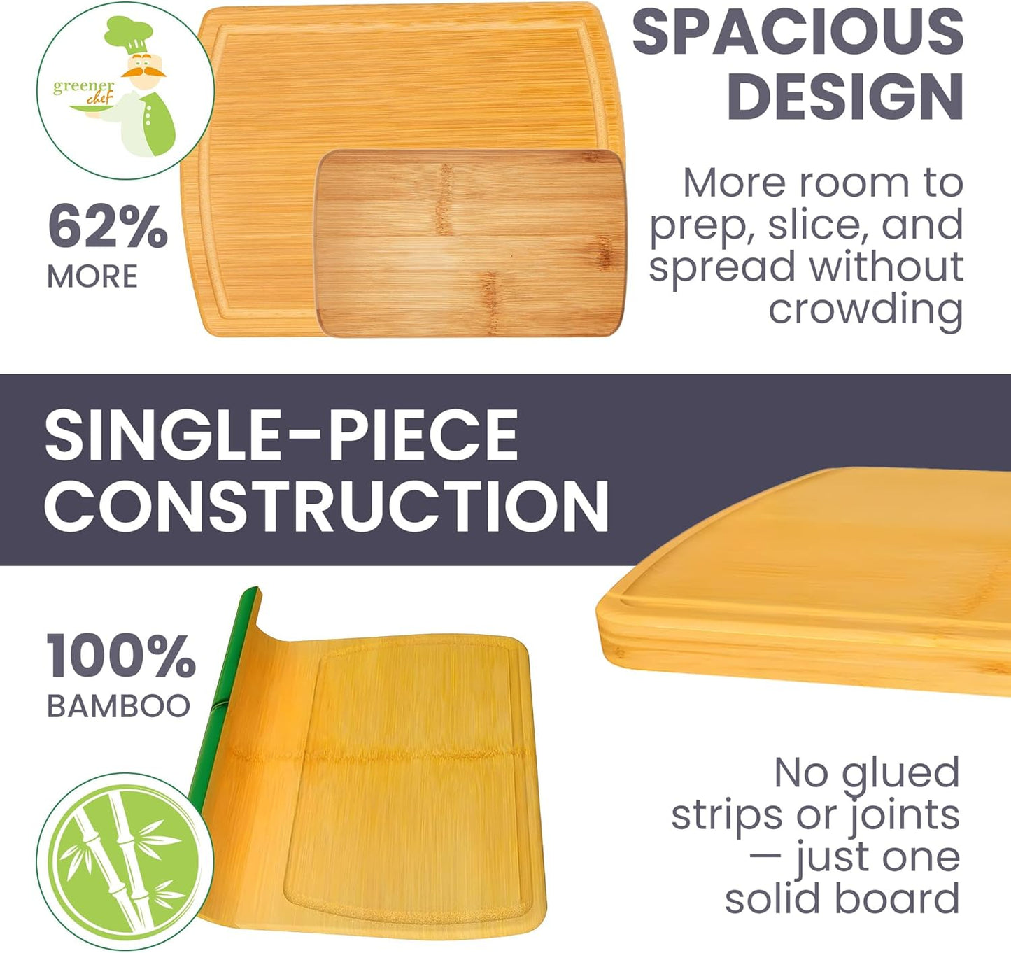 Glue-Free Surface™ Extra Large Bamboo Cutting Board Set – for Chopping Vegetables, Carving Meat, Slicing Bread, and Serving Cheese & Charcuterie for Safer Family Meal Prep – for Health Conscious Chefs