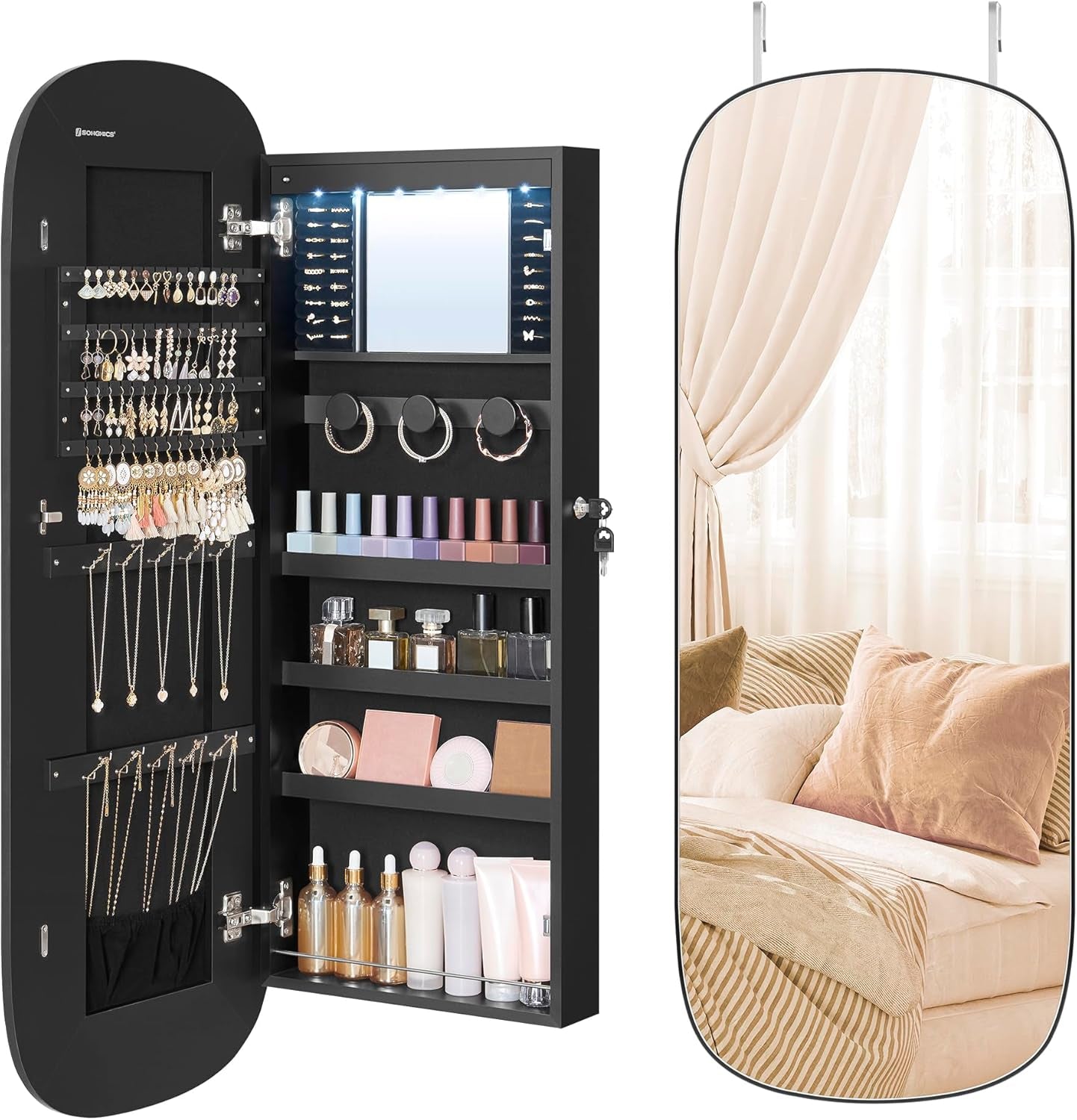 Jewelry Organizer, LED Jewelry Cabinet Wall/Door Mounted, Lockable Rounded Wide Mirror with Storage, Interior Mirror, 3.9 X 16.5 X 42.5 Inches, White Surface with Greige Lining
