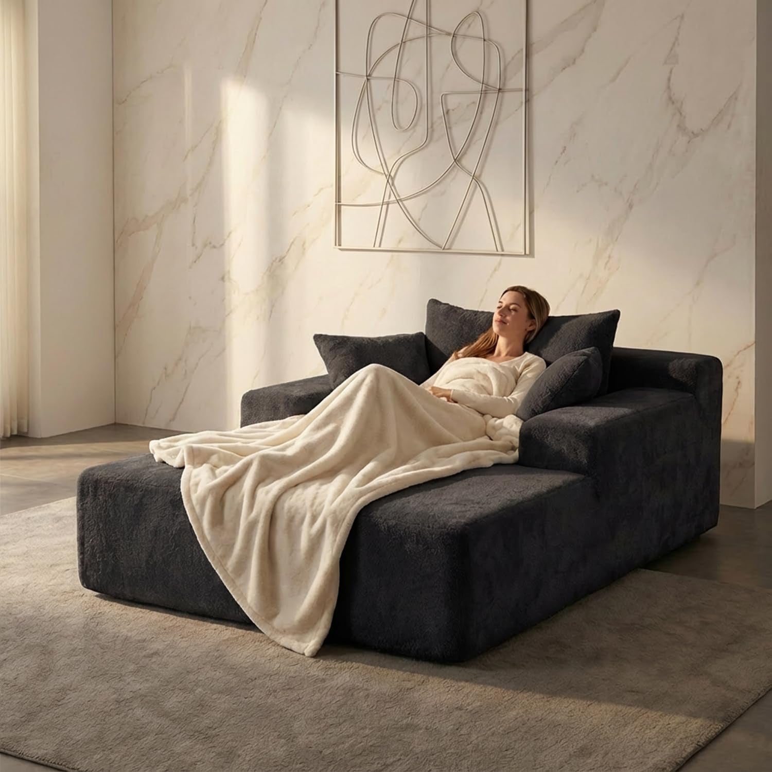 Chaise Lounge with Armrests, Oversized Sofa Bed with 3 Pillows, Cozy B ...