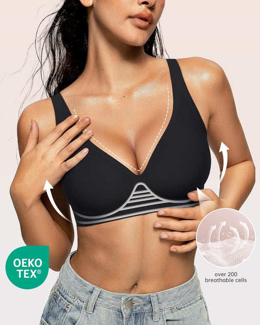 Womens Deep V Bras Wireless Comfortable Bra Supportive No Underwire Bras Tshirt Push up Bralettes Plunge Seamless Bra