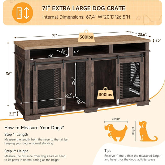 71" Extra Large Dog Crate Furniture, Heavy Duty Dog Kennel with Sliding Barn Door, 3 Storage Compartments & Removable Divider, TV Stand Side Table for Living Room, Light Oak/Dark Walnut