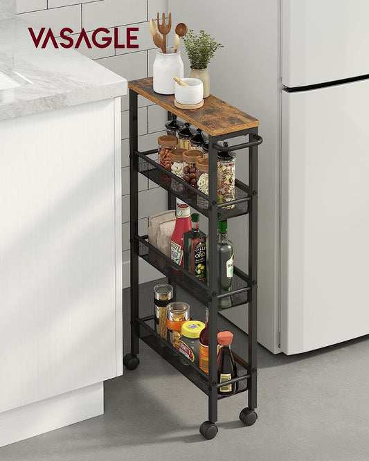 Slim Rolling Cart, 4-Tier Narrow Storage Cart with Handle, 5.1 Inches Deep, Metal Frame, for Kitchen, Dining Room, Living Room, Home Office, Rustic Brown and Classic Black ULRC032B01V1