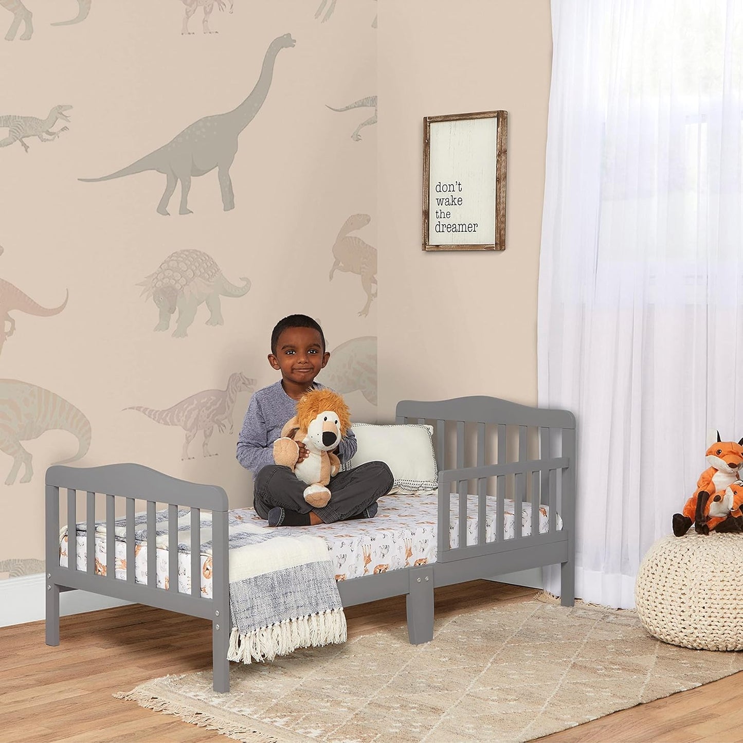 Classic Design Toddler Bed in Steel Grey, Greenguard Gold and BSA Certified, Low to Floor Design, Two Side Safety Rails, Non-Toxic Finishes, Wooden Nursery Furniture