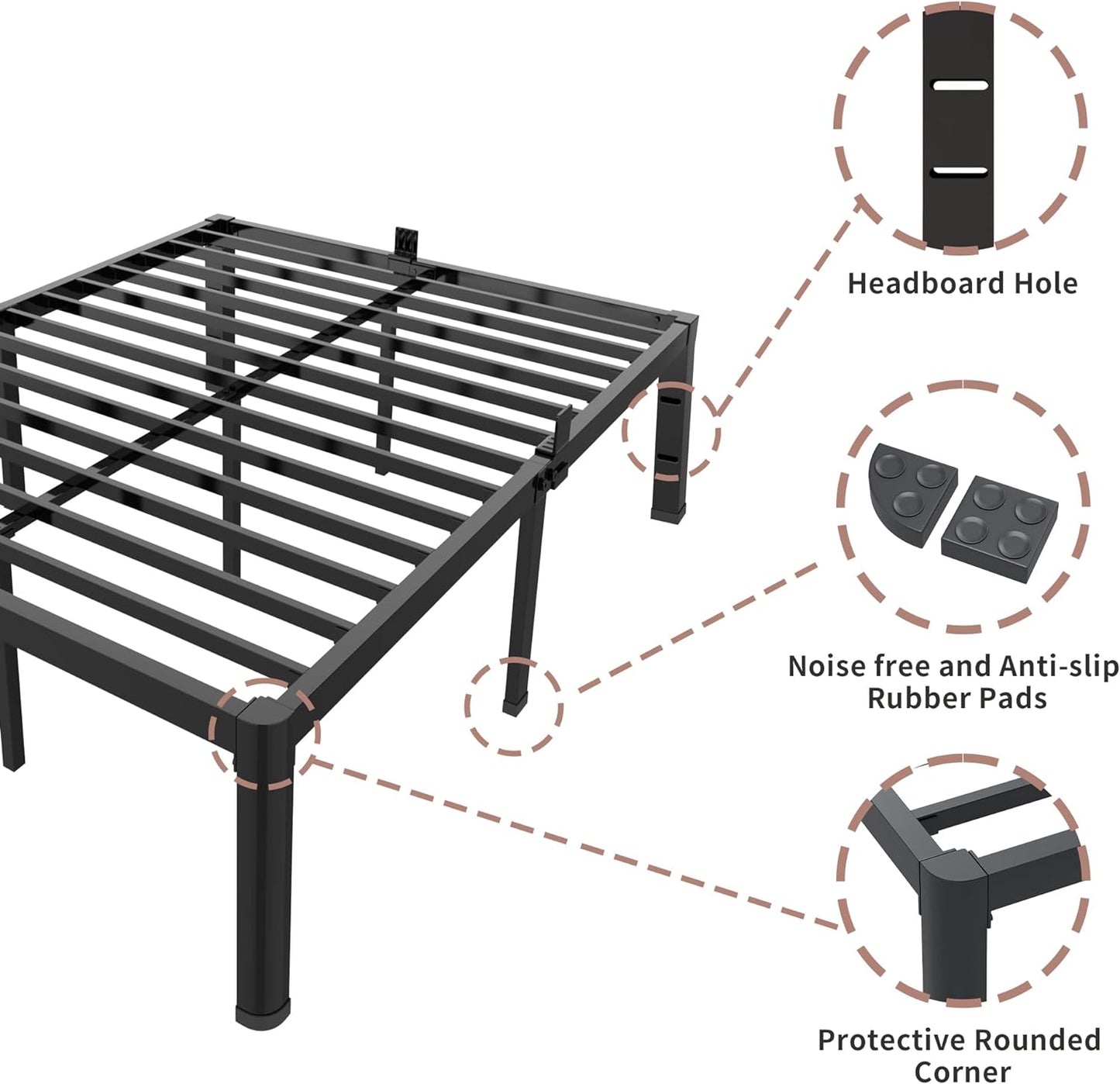 14 Inch Metal Queen Bed Frame with Rounded Corner and Headboard Hole Mattress Retainers 3500LBS Heavy Duty Steel Slats No Box Spring Needed Platform Noise-Free Easy Assembly