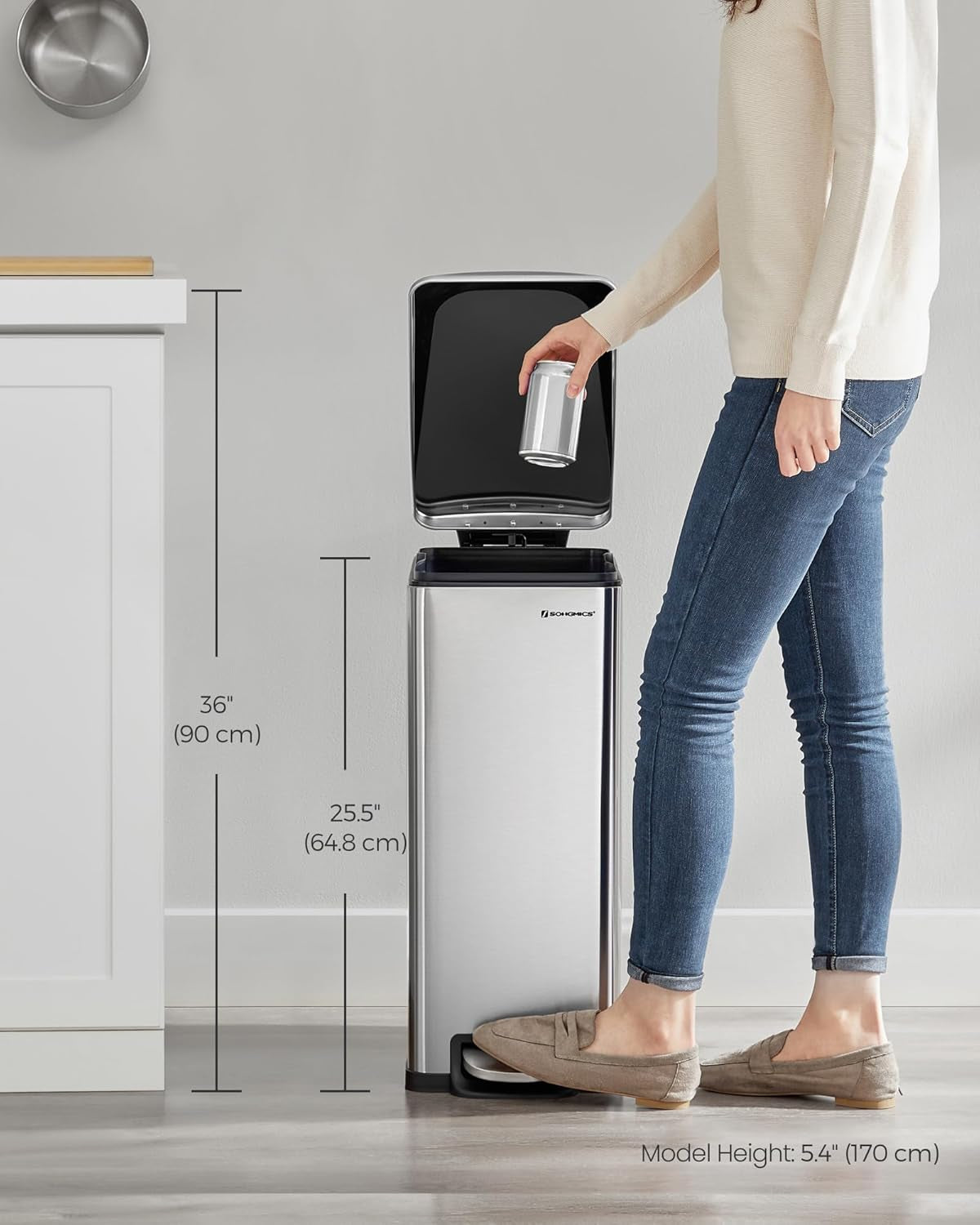 Slim Trash Can, 13-Gallon (50 L) Garbage Can for Narrow Spaces with Soft-Close Lid, Inner Bucket, and Step-On Pedal, Stainless Steel, 15 Trash Bags Included, Silver ULTB510E48