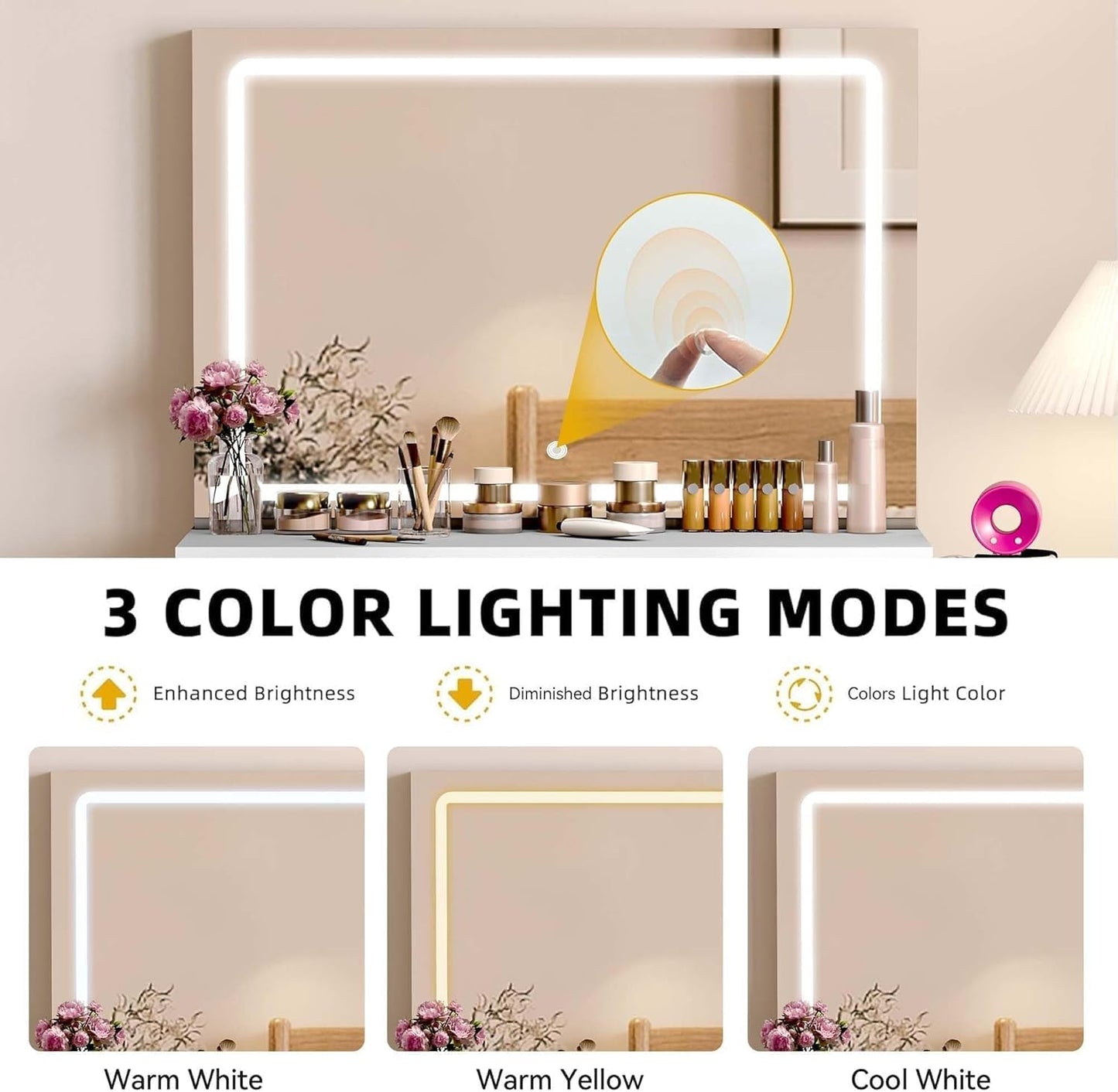 Makeup Vanity with Large Mirror and LED Lights, Vanity Desk Set with Power Outlet & Chair & 3 Lighting Colors, 4 Drawers, Dressing Table Stool Set for Dressing Room, Pearl White