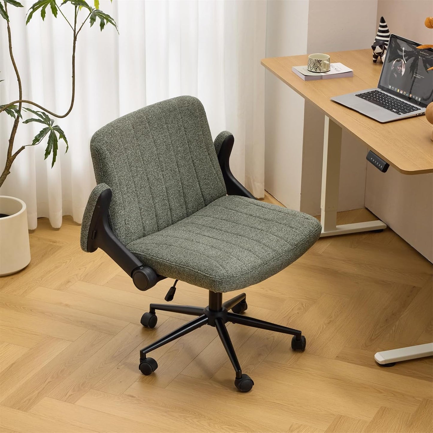 Criss Cross Chair with Adjustable Flip-Up Arms,Cross Legged Chair with Wheels, Extra Wide Office Chair,Cozy Desk Chair for Home Office, Vanity, Apartment,Chenille Velvet,Dark Green